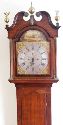 Richard Hackett Harringworth. An early 19thC longcase clock, painted clock dial, with figures in country landscape, in a oak case, with two weights and pendulum, an 8 day movement, 217cm high, 43cm wide, 23cm deep.