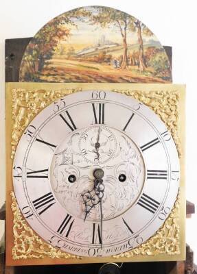 Richard Hackett Harringworth. An early 19thC longcase clock, painted clock dial, with figures in country landscape, in a oak case, with two weights and pendulum, an 8 day movement, 217cm high, 43cm wide, 23cm deep. - 3