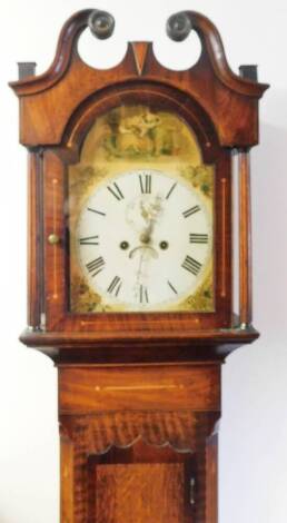 A mid 19thC mahogany longcase clock, on an 8-day chiming movement, with painted clock face, with flowers and figures, Roman Numeral dial, in a mahogany inlaid case, with weights and pendulum, 205cm high, 45cm wide, 23cm deep.