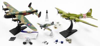 Various model air crafts, to include Sweet and Lovely, numbered 721, Corgi Lancaster model, Corgi B17 model, various stands, wheels and parts and a Corgi Hurricane model. (3)