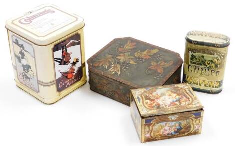 A group of tins, to include Colemans mustard tin, a Homemade Ginger Wafers tin, various buttons, etc. (4 boxes)