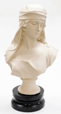 A plaster bust of a female in head dress, unmarked with wooden plinth base, 56cm high.