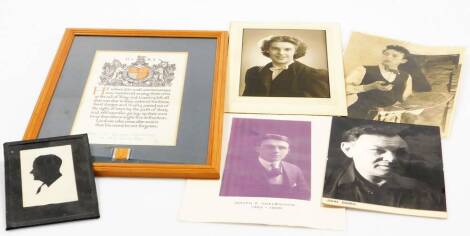 A George Shelbourne commemorative scroll, framed with medal and ribbon, together with a group of photographs, etc. (a quantity)