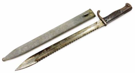 A bayonet, with razor edge marked Solingen with shaped grip and scabbard, 50cm long.