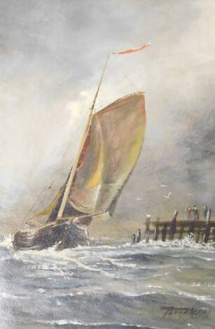 Torodefg? (20thC). Mastered ship in rough seas, oil on board, in gilt frame, 29cm x 20cm.