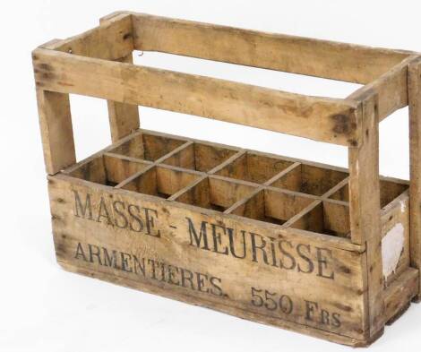 A wooden wine carrying crate, stamped Masse-Meurisse Armentieres 550FRS, 38cm high, 58cm wide, 23cm deep.