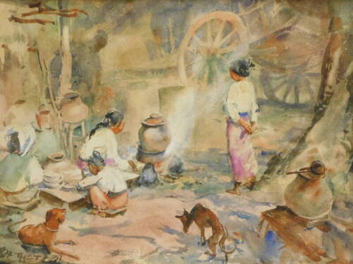 U BA THET (1903-1972). Figures cooking, watercolour, signed and dated (19)37, 24cm x 32cm.