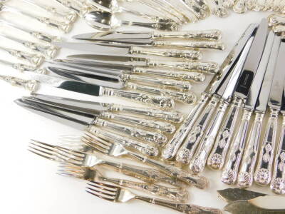 An associated canteen of 19thC and later silver Kings pattern cutlery, comprising an set of twelve dessert spoons, London 1818 by Josiah and George Piercy (22½oz), a set of twelve table forks, London 1823, possibly by William Stroud, (38oz), a set of twel - 5