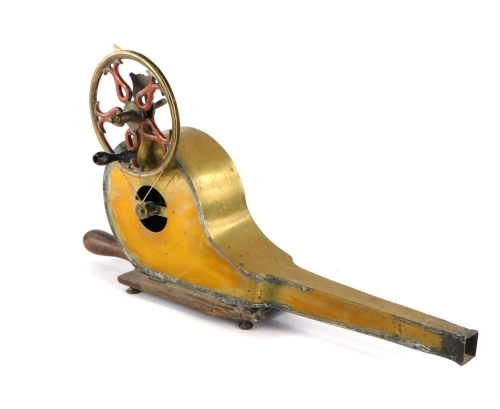 A set of 19thC brass and mahogany mechanical bellows, with revolving brass and red painted wheel with turn wooden handle, 58cm long.