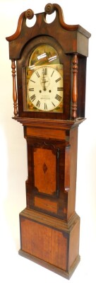 James Barnes, Gainsborough. A mid 19thC longcase clock, the arched dial painted with churches and other historic buildings, etc., with eight day four pillar movement in an oak mahogany rosewood and fruitwood case, (AF), 207cm high.