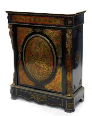 A 19thC ebonised and Boulle side cabinet, the white marble top with a moulded edge above a frieze decorated with scrolls, baskets, etc., the door with raised with a central oval panel of flowers, scrolls, etc., enclosing two shelves, flanked by female gil