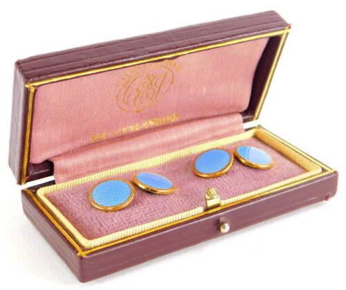 A pair of 9ct gold Asprey enamel cufflinks, the circular blue enamel on a plain gold back, Birmingham 1985, 8.2g all in, in Cadby & Johnson box.