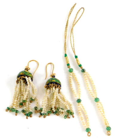 A pair of enamel and seed pearl earrings, the enamel top in green with gold ferns, with blue enamel link top, with various seed pearl drops, terminating in an emerald bead, yellow metal, unmarked, approx 2cm drop, 8.2g all in, together with two emerald an