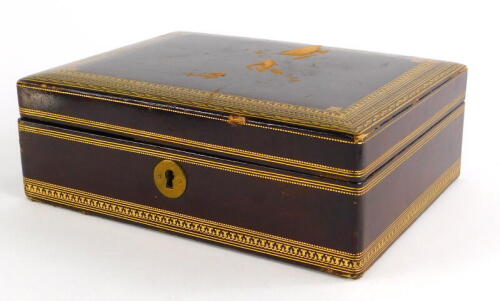 An early 20thC leather gilt tooled jewellery box, with brown velvet lined interior and single shelf, 6cm high, 20cm wide, 15cm deep.