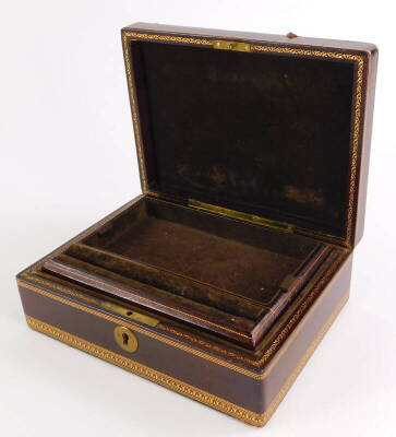 An early 20thC leather gilt tooled jewellery box, with brown velvet lined interior and single shelf, 6cm high, 20cm wide, 15cm deep. - 3