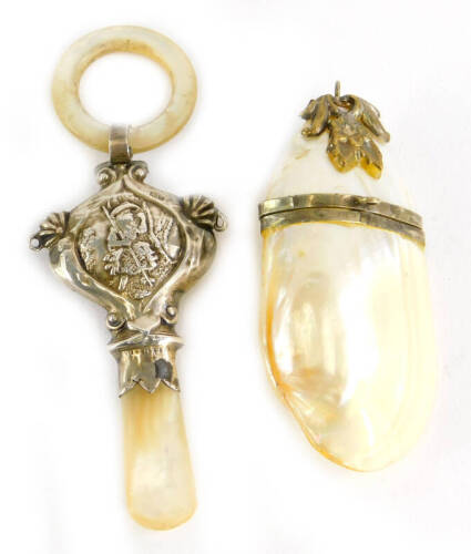 Two mother of pearl items, to include a George V silver rattle, with mother of pearl stem and ring, Birmingham 1924, 11cm high overall, and a mother of pearl silver plated pendant box. (2)