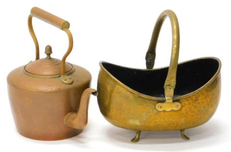 A Victorian copper and brass kettle, and a small copper coal bucket with hammered decoration. (2)