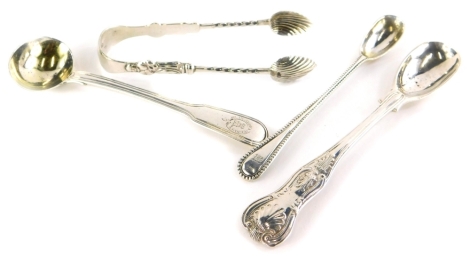 A collection of small silver, to include a pair of sugar tongs, Birmingham 1897, and three mustard spoons, 2oz.