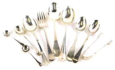 A collection of small silver, to include sugar tongs, salt spoons, fork engraved Peter to handle, etc., 5½oz.