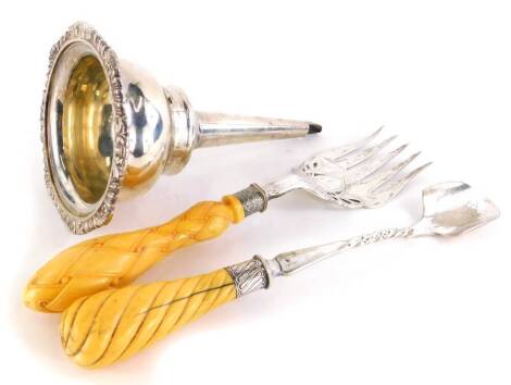 A collection of silver plated items, to include a wine funnel, 17cm long, a fork with simulated bone handle, and a cheese scoop. (3)