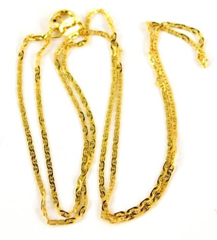 A fancy link fine chain, with single circular clasp, yellow metal stamped 10kt, 45cm long, 1.1g.