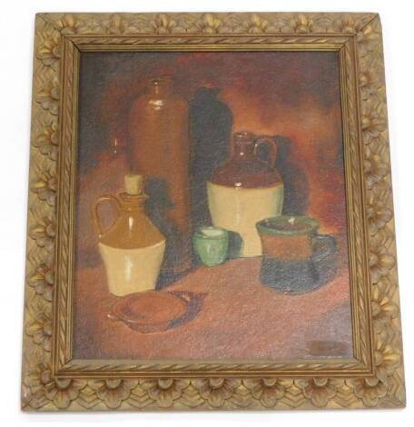 20thC School. Still life with stoneware flagons, mugs, etc., oil on board, indistinctly signed, 36cm x 30cm.