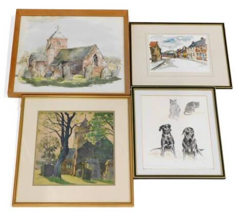 C.O Smith. A church yard, watercolour, 29cm x 28cm, another view of a church, a watercolour, signed by K J L Lochead, and a picture of family pets, signed M Mahoney, Brambell Topsy and Samson. (4)