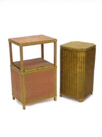 A gilt Lloyd Loom type linen basket, with canted corners and shaped feet, and a Lloyd Loom type bedside cabinet with hinged lid to under tier. (2)