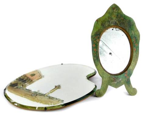 A late 19th/early 20thC wall mirror, in the form of an artists palette, decorated with a scene of St Marks Square Venice, historic worm damage to backing board, 41cm x 29.5cm, and a painted strut mirror (AF). (2)