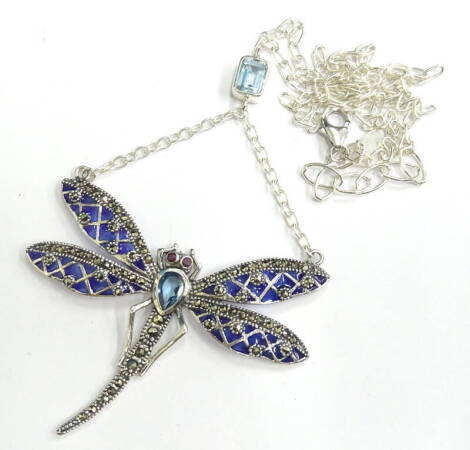 A plique-a-jour dragonfly necklace, set with marcasite and rubies, with blue and purple colouring, white metal, marked 925.