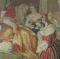 A 19thC woolwork picture depicting a gentleman seated on a throne with women attending him