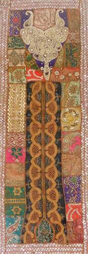 An Indian embroidery wall hanging, in multicoloured abstract panels, with beadwork, sequins and braid, 152cm x 58cm, framed and glazed.