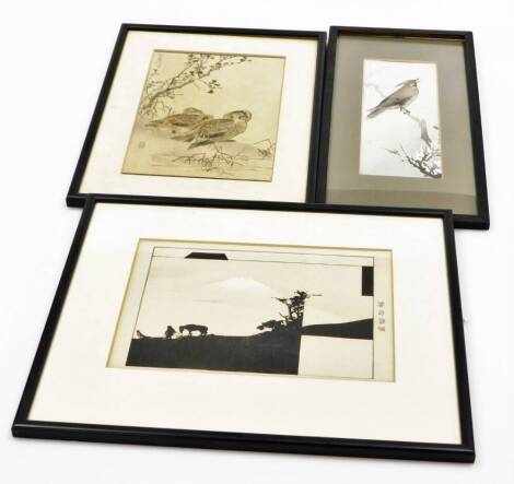 Three Japanese woodblock prints, comprising a pair of ducks on a riverbank by Koro Bairei from Bairei's Album of One Hundred Birds, 1881, 15cm x 20cm, a mountain scene with cattle and trees, 23cm x 15cm, and a crested bird on a branch, 9cm x 20cm. (3)