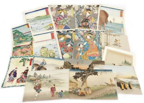 Various Japanese woodblock prints, including several Hiroshige facsimiles of landscapes and various scenes, other prints of geisha and attendants, bit-rd, ducks, etc., mostly signed, unframed, 26cm x 39cm. (a quantity)