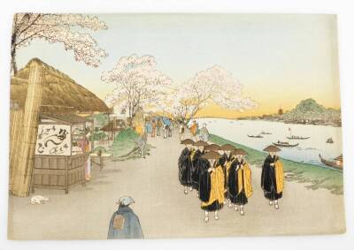 Various Japanese woodblock prints, including several Hiroshige facsimiles of landscapes and various scenes, other prints of geisha and attendants, bit-rd, ducks, etc., mostly signed, unframed, 26cm x 39cm. (a quantity) - 5