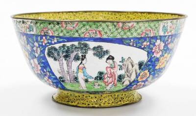 An early 20thC Chinese Canyon enamel bowl, the outside decorated with panels of figures and flowers below green and yellow border, everted foot, 12cm high, 26cm diameter, marked China to base. - 2