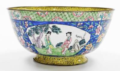 An early 20thC Chinese Canyon enamel bowl, the outside decorated with panels of figures and flowers below green and yellow border, everted foot, 12cm high, 26cm diameter, marked China to base. - 3