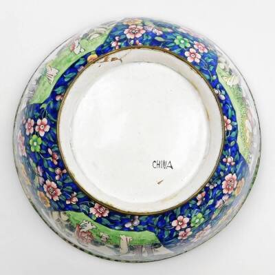 An early 20thC Chinese Canyon enamel bowl, the outside decorated with panels of figures and flowers below green and yellow border, everted foot, 12cm high, 26cm diameter, marked China to base. - 5