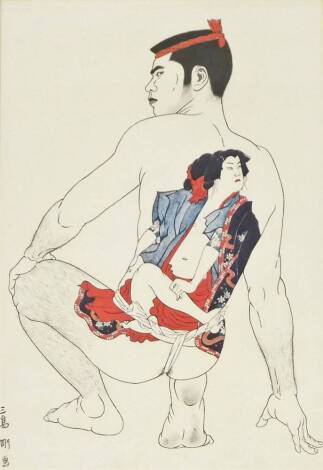 A Japanese lithograph, of a young man with an elaborate tattoo to his back of an actor in traditional costume from the series "Mishima Go Book of Young Men", signed Mishima Gô (1921-81), circa 1972, 41cm x 27cm. Tsuyoshi Mishima, who worked under the name