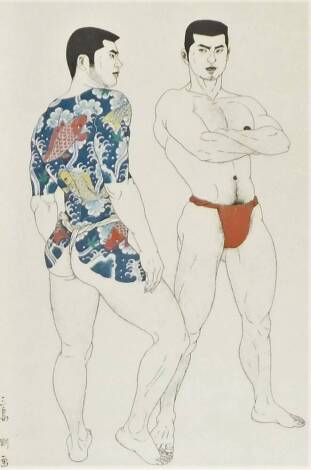 A Japanese lithograph, of two young men one with an elaborate body tattoo of carp among waves from the series "Mshima Go Book of Young Men", signed Mishima Gô (1921-81), circa 1972, 41cm x 27cm. Tsuyoshi Mishima, who worked under the name Mishima Go, was 