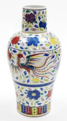 A Chinese porcelain baluster vase with tall neck, enamelled with bands of scrolling peonies and ho-ho birds, predominantly in blue, green, red and yellow, six character Kangxi mark beneath, 48cm high. - 3