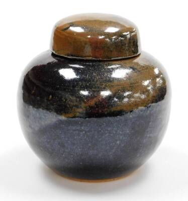 A Ming style Chinese pottery globular ginger vase and cover, glazed in dark blue and brown, impressed mark beneath, 25cm high. - 2