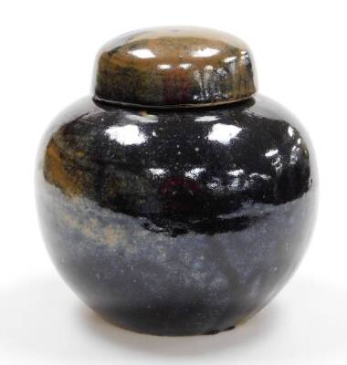 A Ming style Chinese pottery globular ginger vase and cover, glazed in dark blue and brown, impressed mark beneath, 25cm high. - 4