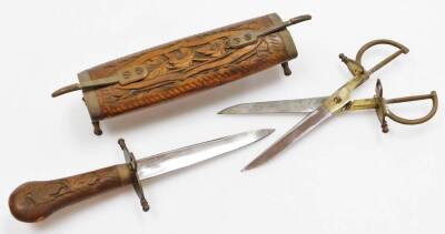 Three Indian teak knife & scissor sets, two on brass supports and pistol grip dagger, 29cm and 23cm long. (3) - 4