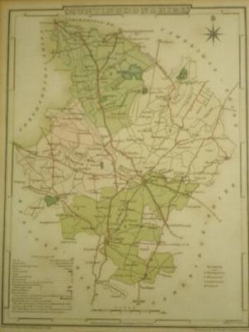 A map of Northamptonshire printed with a scene of Peterborough Cathedral