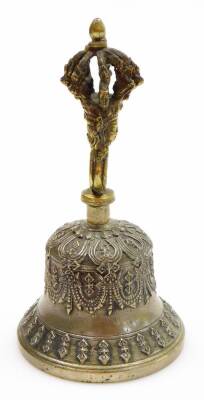 An Indian brass Hindu temple prayer bell, the handle of cast crown and deity mask form, 19cm high. - 4