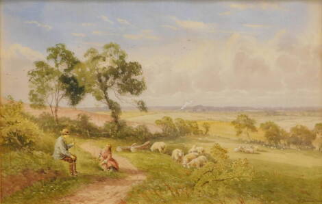 H. Hammond (19thC English School). Figures at rest on a path before sheep and trees with clouds gathering, watercolour, signed, 28cm x 43cm.