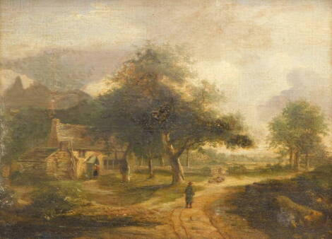 19thC English School. Figure driving sheep down a path before farmhouse and spire with clouds gathering, oil on board, unsigned, 42cm x 57cm.