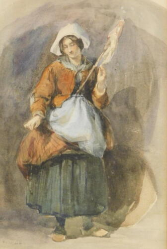 Frederick Goodall (1822-1904). A figure of a lady standing, watercolour, signed, label to the back, 24cm x 16cm.