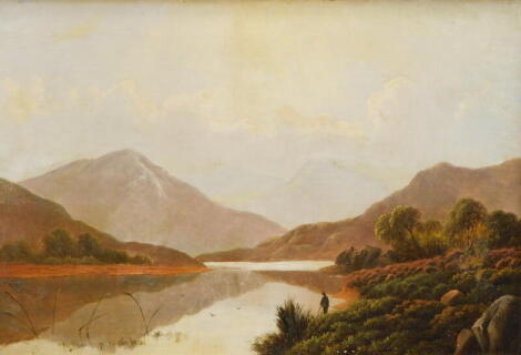 Charles Leslie (1839-1886). Mountainous scene, figure before meandering lake with clouds gathering, oil on board, signed, 51cm x 73cm.